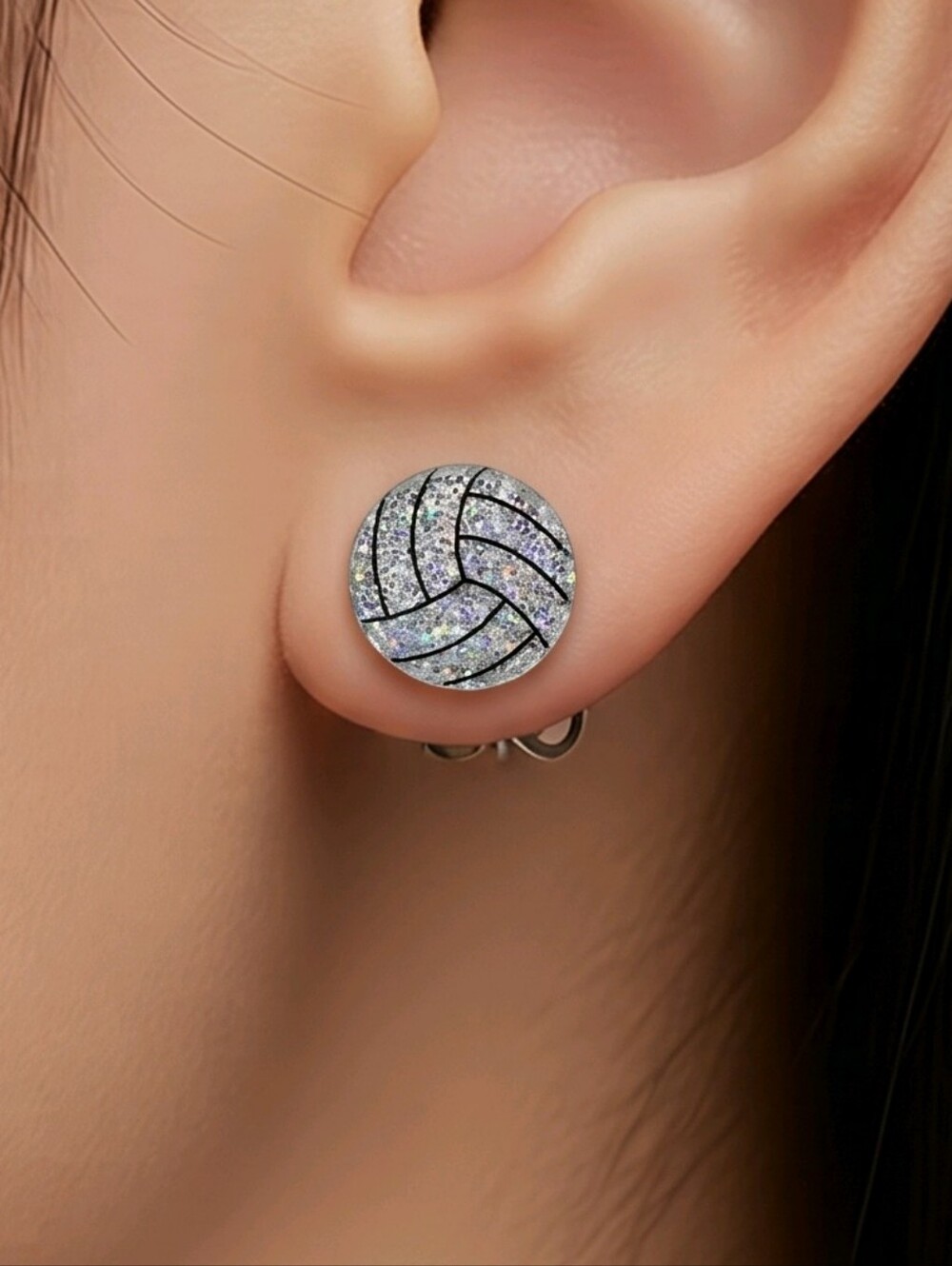 Volleyball 🏐 Earrings Silver Glitter Acrylic Pierced Post Sport Mom Fan Jewelry
